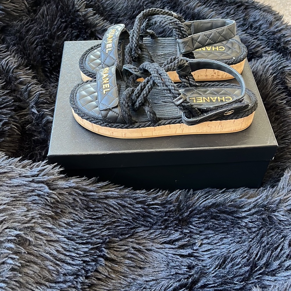 Black authentic chanel cord rope sandals